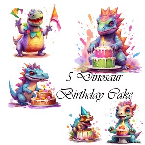 5 Watercolor Dinosaur Birthday Clipart: JPG Images (Digital Download)
