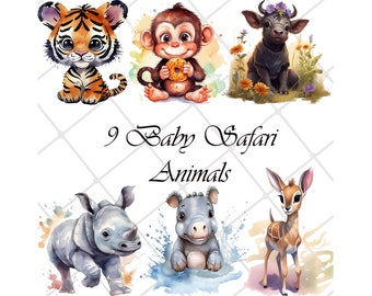 Safari Baby Animals Watercolor Clipart: PNG Digital Download