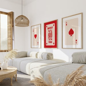 Juego de 3 impresiones de arte de pared retro de moda, impresión estética retro de moda, póster de tarjeta de as rojo, póster Lucky You, arte de pared de moda, arte divertido, digital