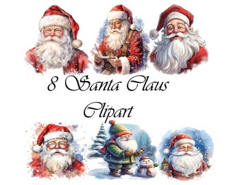 8 Santa Claus Clipart, JPG de alta calidad, Descarga digital - Fabricación de tarjetas, Técnica mixta, Arte de papel digital, Imágenes prediseñadas de Navidad