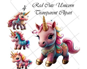 4 Watercolor Unicorn Clipart PNG, Baby Animal Art (Digital Download)