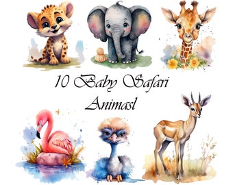 10 Safari Baby Animals Acuarela Clipart, JPGs, Elaboración digital, Artesanías de papel, Imágenes prediseñadas lindas, Descarga instantánea, uso comercial, imágenes prediseñadas de safari