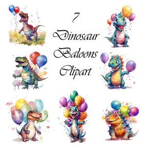 Watercolor Dinosaur Clipart: Birthday Balloons, Commercial Use (Digital Download)