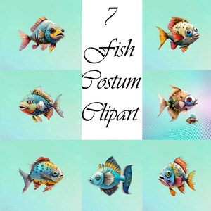 7 Watercolor Fish Clipart: Funny Fish Designs (Digital Download)