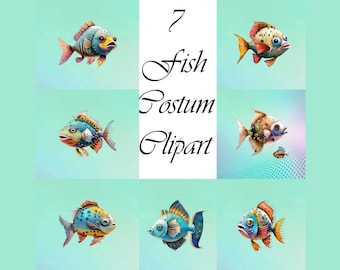 7 Watercolor Fish Clipart: Funny Fish Designs (Digital Download)