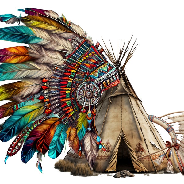 Tocado de nativo americano PNG, tocado de plumas, tocado indio PNG, TRANSPARENTE, imprimible, descargable, archivo digital, sublimación