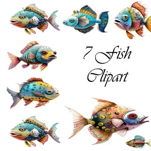 7 Watercolor Fish Clipart: Funny Fishing Designs (Digital Download)