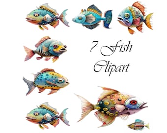 7 aquarelvissen clipart: grappige visontwerpen (digitale download)