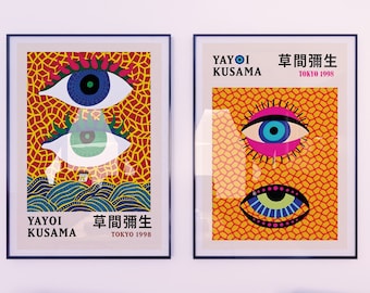 Juego de 2 carteles de ojos del océano en Yayoi Kusama, pintura abstracta en lienzo, interesante imagen artística retro maximalista de mal de ojo para decoración del hogar de la habitación