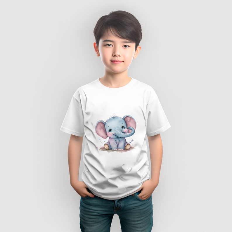 cute elephant cub, baby elephant, watercolor, t-shirt design, transparent file png, digital download, printable, sublimation, clipart, image 2