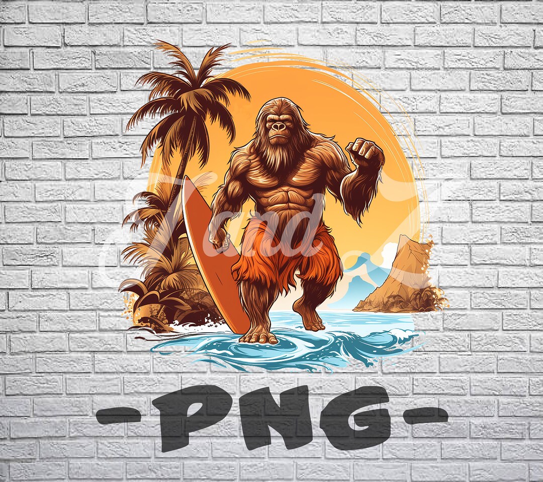 Bigfoot Surfing in a Beach PNG Sublimation Design, High Quality Image