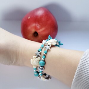 Peachyylexi in Cape Verde bracelet Beach themed Turquoise, white and silver wrap bracelet image 3