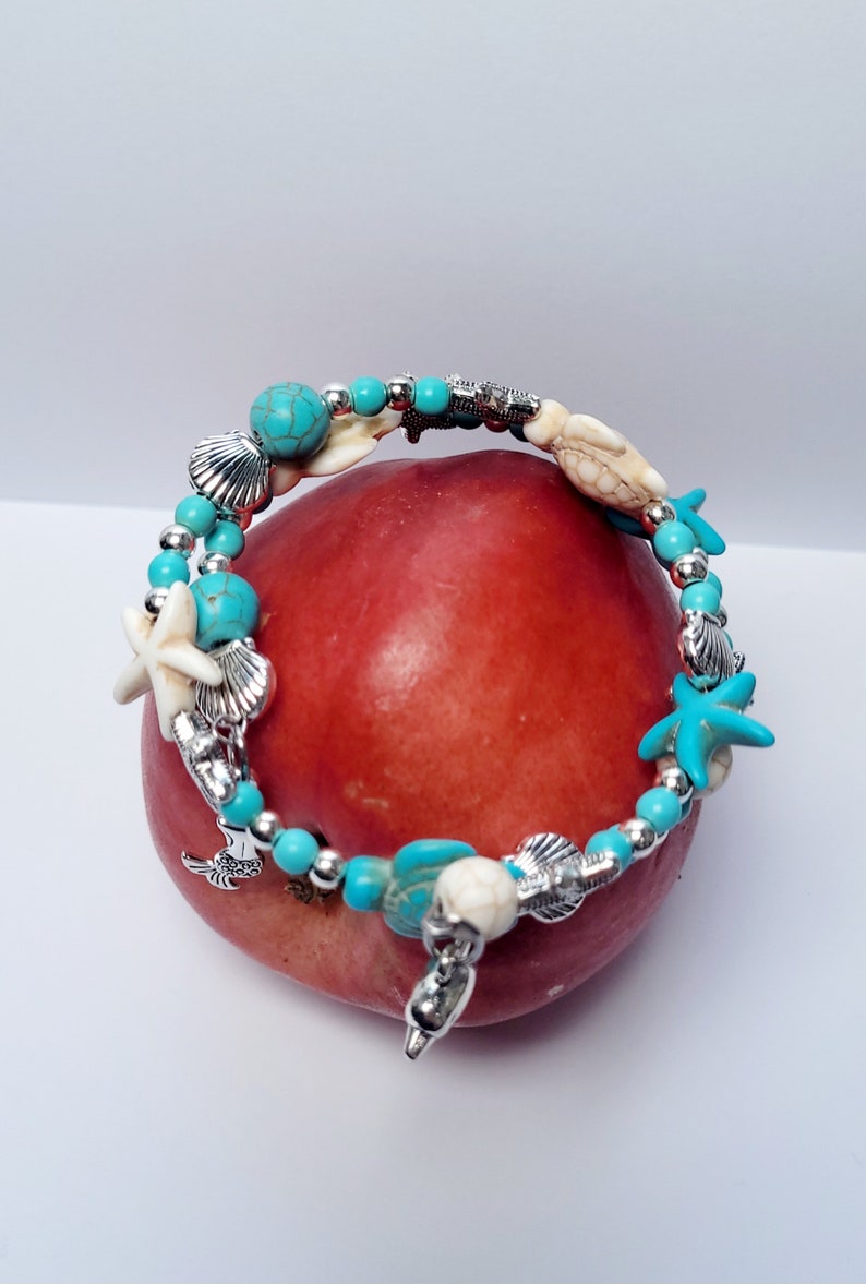 Peachyylexi in Cape Verde bracelet Beach themed Turquoise, white and silver wrap bracelet image 2