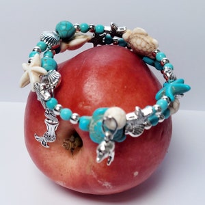 Peachyylexi in Cape Verde bracelet Beach themed Turquoise, white and silver wrap bracelet image 1