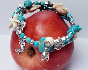 Peachyylexi in Cape Verde bracelet Beach themed Turquoise, white and silver wrap bracelet