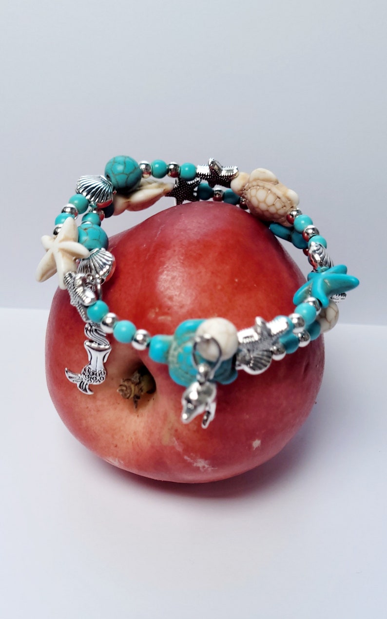 Peachyylexi in Cape Verde bracelet Beach themed Turquoise, white and silver wrap bracelet image 1