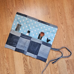 Upcycled Denim Toiletry Bag. Handmade Cosmetic Organizer