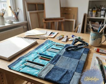 Denim Brush Rolls. Artist roll. Pencil organiser.