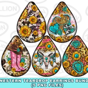 Western teardrop earrings png sublimation design bundle, western png, sunflowers teardrop earrings png, sublimate designs download