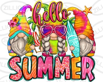 Hello summer gnomes png sublimation design download, tie dye gnomes png, summer vibes png, cute gnomes png, sublimate designs download