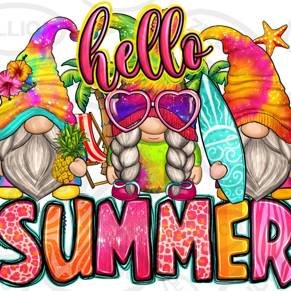 Hello summer gnomes png sublimation design download, tie dye gnomes png, summer vibes png, cute gnomes png, sublimate designs download