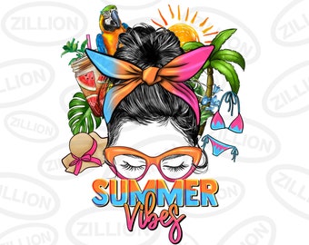 Vibraciones de verano moño desordenado png descarga de diseño de sublimación, moño desordenado png, horario de verano png, vacaciones de verano png, descarga de diseños sublimados
