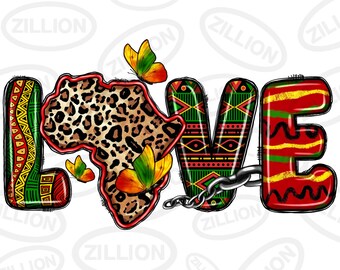 May include: A colorful graphic design with the word "LOVE" in bold letters. The letters are decorated with African-inspired patterns and a chain links the "V" and "E". The "O" is a leopard print outline of the continent of Africa. Butterflies are scattered around the design.