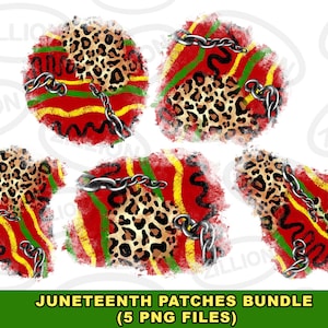 Puede incluir: Cinco parches digitales con un fondo a rayas rojo, amarillo y verde con un estampado de leopardo y un diseño de cadena. Los parches están en un estilo desgastado con un fondo blanco.