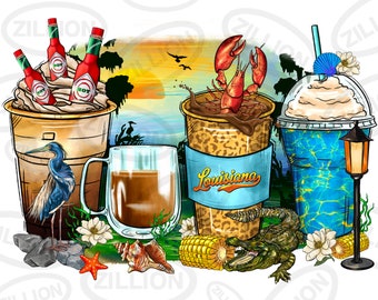 Louisiana coffee cups png sublimation design, animals coffee cups png design, Louisiana animals png, sublimate designs download