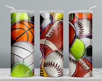Sports ball 20 oz skinny tumbler png sublimation design download, sports tumbler wrap png, game balls 20 oz tumbler designs, png download