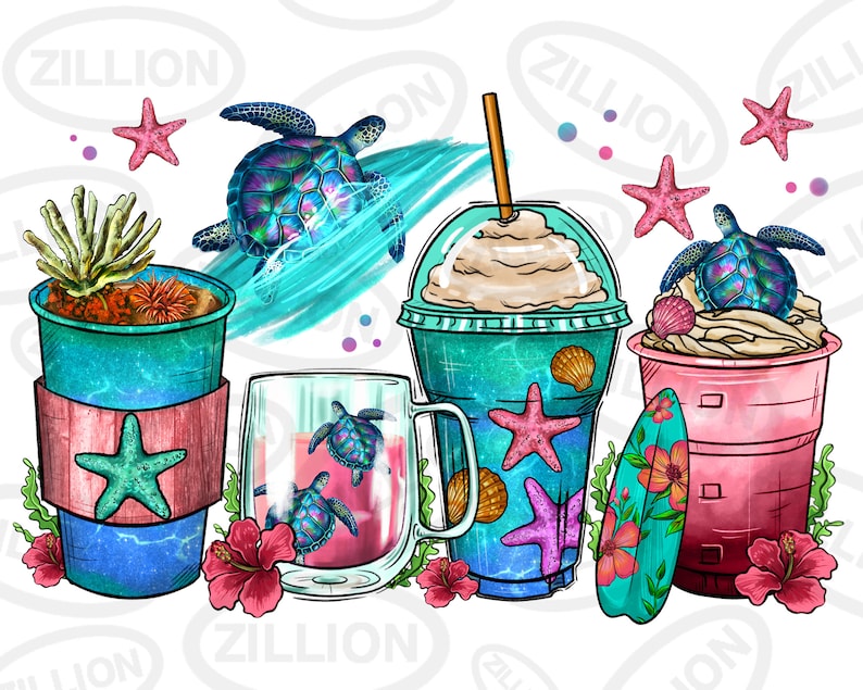 May include: Four colorful cups with a beach theme. Each cup has a different design featuring a sea turtle, a starfish, and a seashell. The cups are perfect for summer drinks.