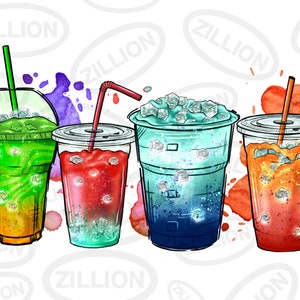 May include: Four colorful slushies with ice in clear plastic cups with straws. The slushies are green, red, blue, and orange.
