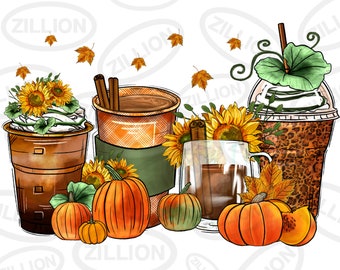 Fall coffee cups png sublimation design, coffee cups png design, hello fall png, Autumn png, coffee love png, sublimate designs download