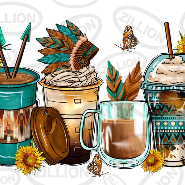Indian headdress coffee cups png sublimation design, western coffee cups png design, Native American png, sublimate designs download