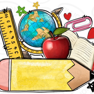 Pode incluir: Um l&aacute;pis amarelo com uma borracha rosa, uma ma&ccedil;&atilde; vermelha, um globo terrestre, uma r&eacute;gua, um livro, um clipe e dois cora&ccedil;&otilde;es vermelhos. O l&aacute;pis &eacute; o objeto maior na imagem e tem um espa&ccedil;o em branco para texto.