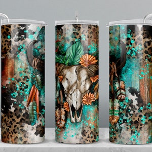 Cowhide bull skull 20 oz skinny tumbler png, tumbler wrap png, western bull skull png, 20 oz tumbler designs, leopard tumbler png download