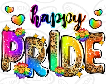 May include: Happy Pride text with rainbow and leopard print letters, surrounded by hearts and flowers with smiley faces.
