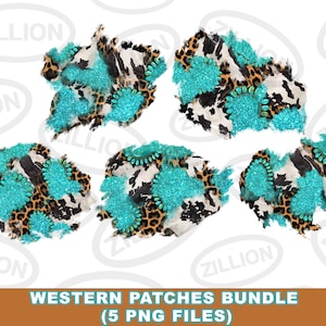 Peut inclure: Cinq images numériques de clipart de patchs sur le thème western avec un schéma de couleurs turquoise, marron, noir et blanc. Les patchs présentent un imprimé léopard, du cuir de vache et des paillettes turquoise.