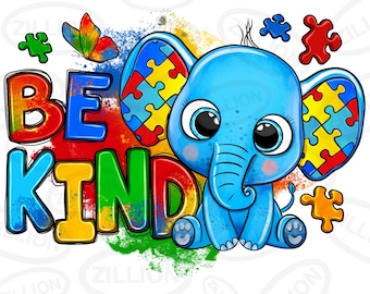 Be kind Autism elephant png sublimation design download, Autism Awareness png, Autism puzzle pieces png, sublimate designs download