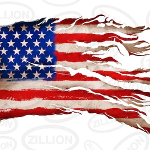 May include: A distressed American flag with a faded red, white, and blue color scheme. The flag is torn and tattered, with some of the stripes and stars missing. The flag is waving in the wind.