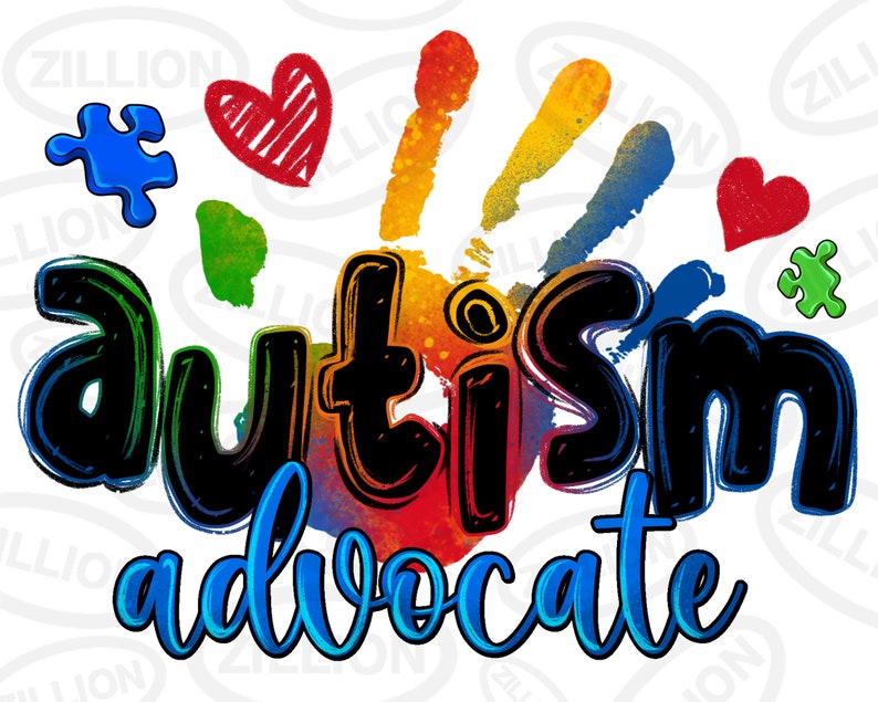 May include: A colorful graphic design with a handprint in the center and the words "autism advocate" in black and blue lettering. The design includes puzzle pieces, hearts, and rainbow colors.
