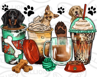 Dog coffee cups png sublimation design, animal coffee cups png design, dog love png, cute dogs png, sublimate designs download