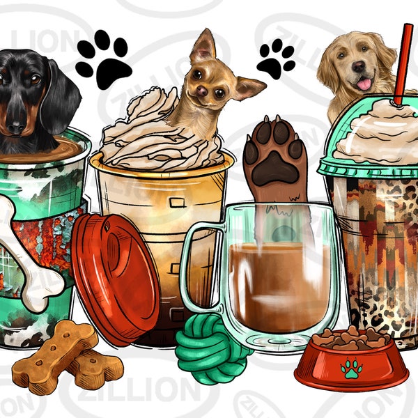 Dog coffee cups png sublimation design, animal coffee cups png design, dog love png, cute dogs png, sublimate designs download