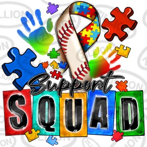 May include: Colorful graphic design with a baseball-themed autism awareness ribbon, puzzle pieces, and handprints. The text "Support Squad" is written in bold black letters on a colorful background.