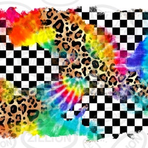 Op de afbeelding: Abstracte digitale kunstprint met een geruit patroon, luipaardprint en tie-dye ontwerp in een regenboog van kleuren.
