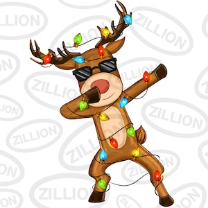 May include: A cartoon reindeer wearing sunglasses and wrapped in colorful Christmas lights, striking a dabbing pose.