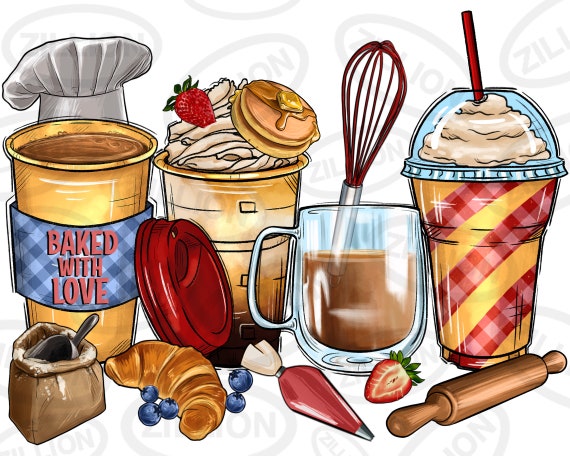 Bakery coffee cups png sublimation design, coffee cups png design, baking png, cooking tools png, sublimate designs download