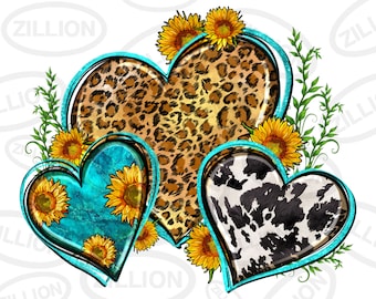 Puede incluir: Tres corazones con diferentes patrones, un estampado de leopardo, un estampado de vaca y un corazón azul turquesa con girasoles. Los corazones están delineados en azul turquesa y rodeados de girasoles.