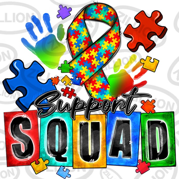 Support squad Autism png sublimation design download, Autism Awareness png, Autism ribbon png, Autism puzzle png, sublimate designs download