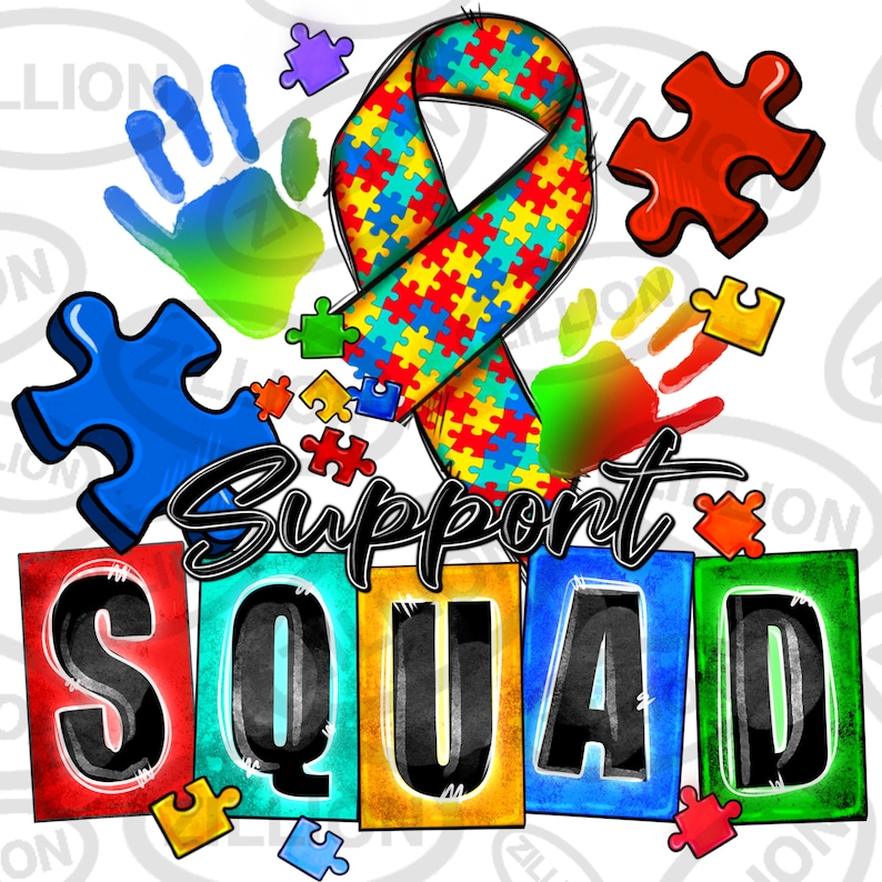 Peut inclure: Un design graphique color&eacute; avec un ruban en forme de puzzle bleu, jaune, rouge et vert, des empreintes de mains et des pi&egrave;ces de puzzle. Le texte "Support Squad" est &eacute;crit en lettres noires sur un fond color&eacute;.